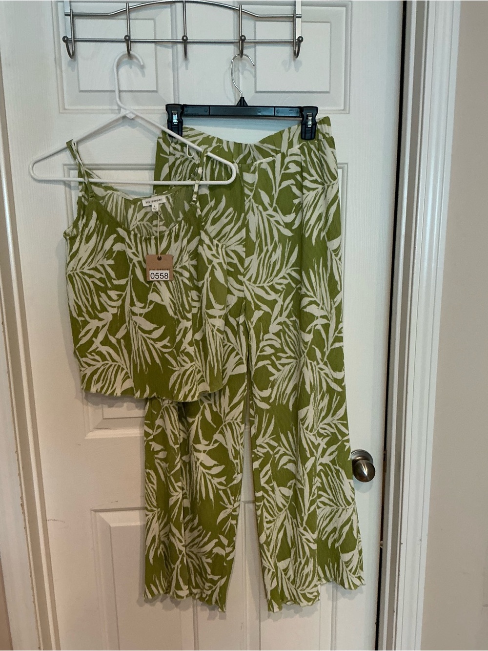 Blu Pepper Olive Green and White Leaf-Print Wide-Leg Pants with Matching Tank
